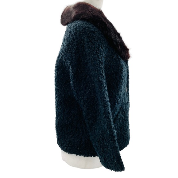 Vintage Winter Black Boucle Knit Brown Mink Collar Short Jacket Button Front S - Picture 5 of 12